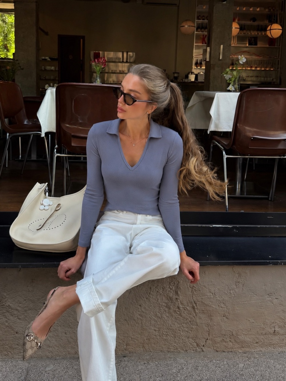 Reitmans XXS Dusty Blue Ribbed V-Neck Collared Long Sleeve Top